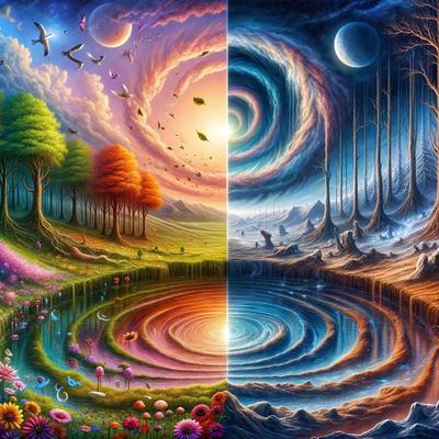 The primary subject of the image is a painting featuring a colorful landscape with a mix of natural elements and celestial elements. The setting includes a forest with trees, a lake, and a sky filled with birds. The visual style is a digital art or illustration, creating a vibrant and lively atmosphere. The colors and mood are predominantly warm and inviting, with a focus on the beauty of nature and the wonders of the universe.